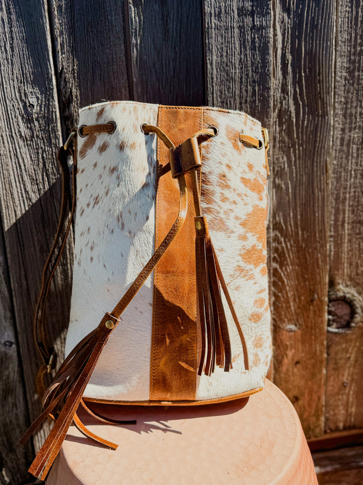 The Bucket | Cowhide and Leather Bucket Drawstring Crossbody Purse : Tan or Black