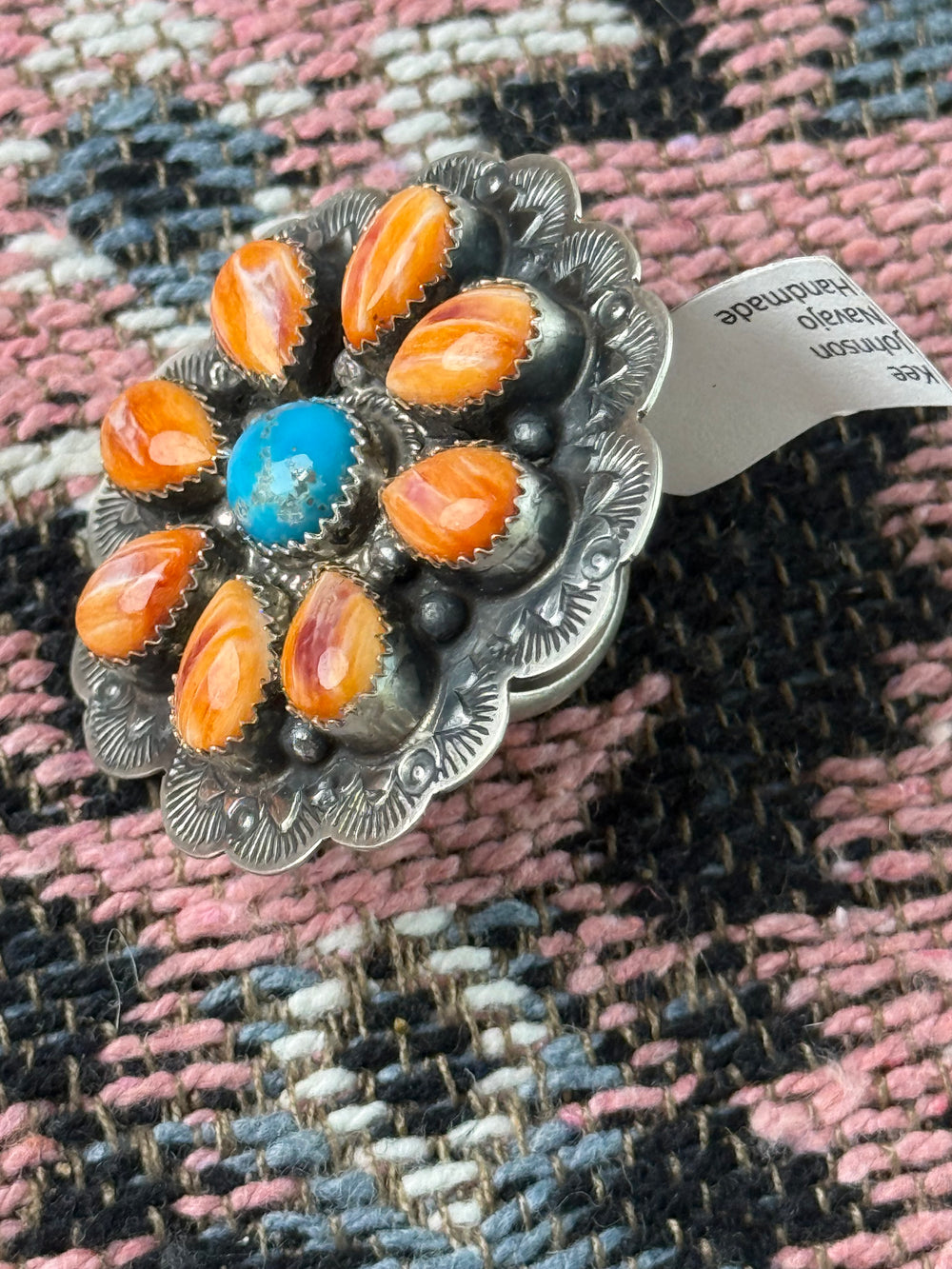navajo spiny oyster turquoise flower ring sterling silver adjustable
kingman turquoise floral statement ring handmade
native american cluster ring spiny oyster and turquoise