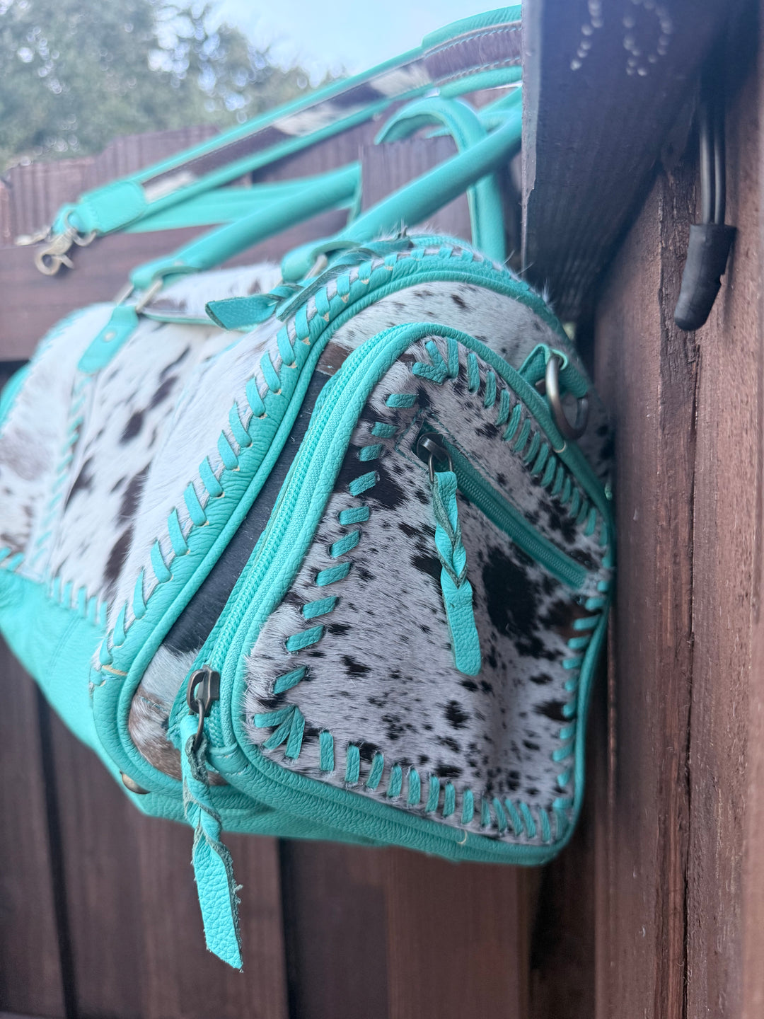 The Tipheni Mini Duffel | Mint Green Leather & Speckled Cowhide Gym Bag
