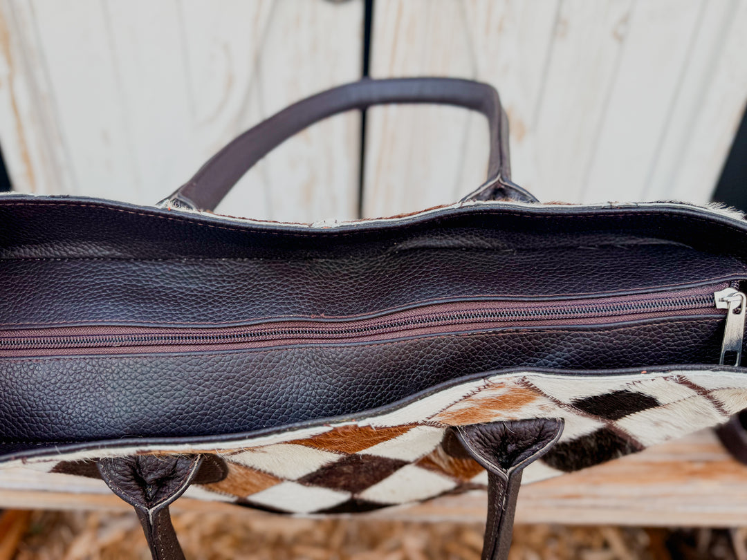 Check Her Out Tote | Genuine Cowhide Patchwork Leather Tote