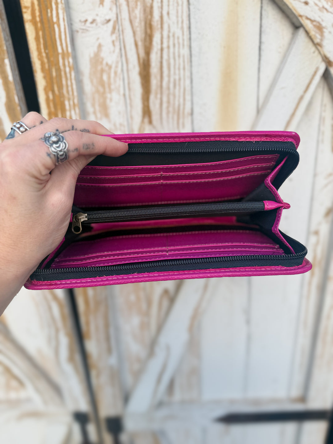 The Jolene Magenta Cowhide Clutch | Tooled Leather Hand Strap