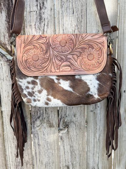 Grit & Grace : Hand Tooled Leather Cowhide and Brown Fringe Crossbody
