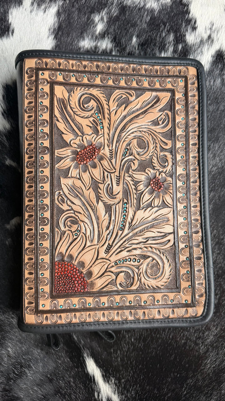 Hand Tooled Leather Bible Cover | Fits Standard, Large Print & Beautiful Word Bibles | Genuine Leather Zip Bible Case