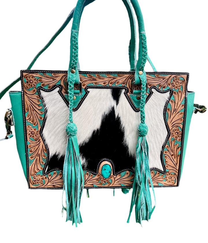 Get to Work Bag | Minty Blue Leather, Tooled Floral & Cowhide Concealed Carry Tote