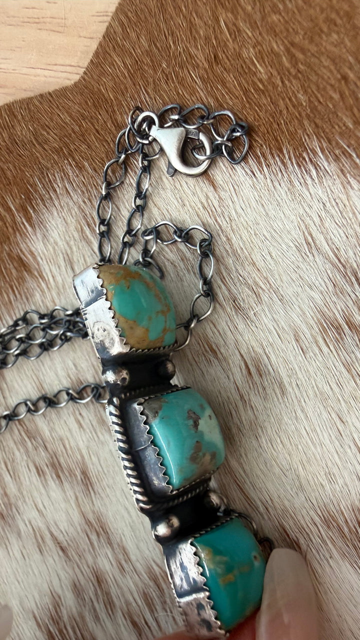 Navajo Handmade Triple Turquoise Bar Necklace | Sterling Silver | Alysa Martinez | 18” Southwestern Necklace