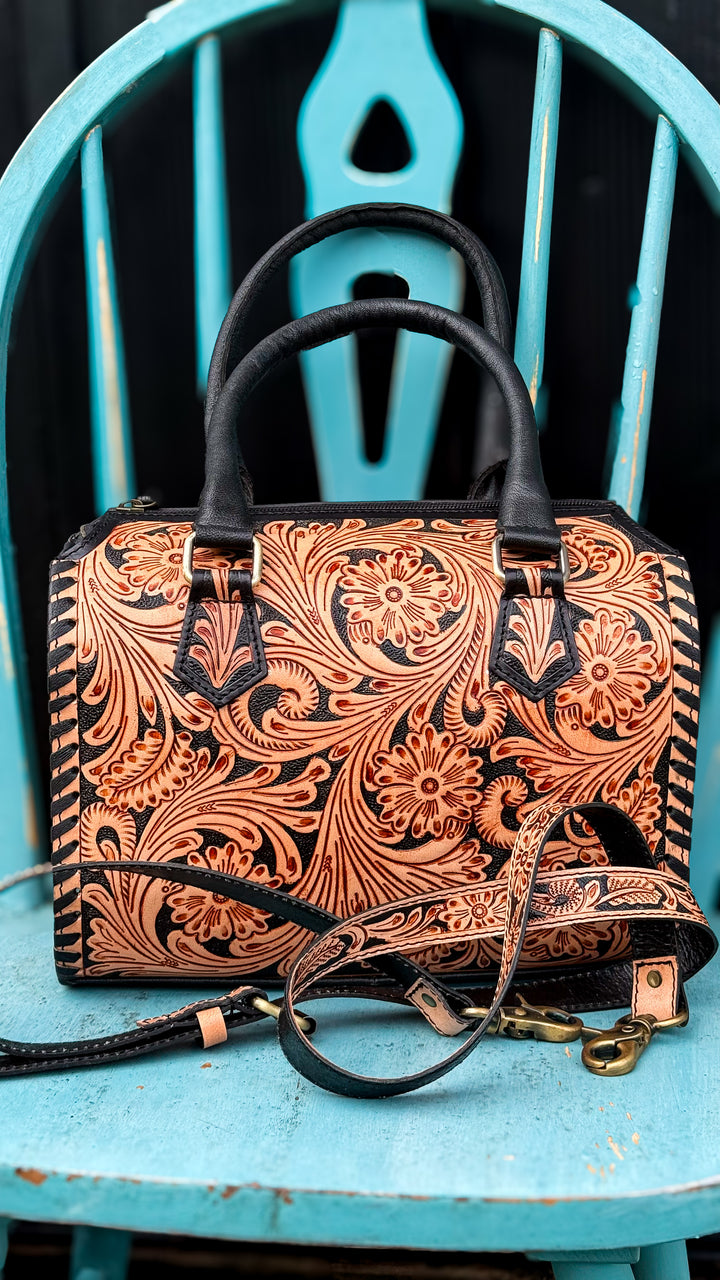 The Black Rock Heirloom Speedy Satchel | Tooled Leather Black and Tan Convertible Handbag