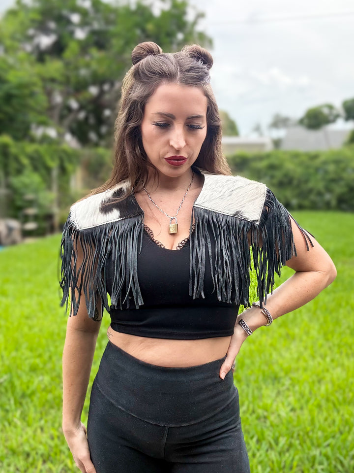 Black and white hair-on cowhide Western capelet with black leather fringe