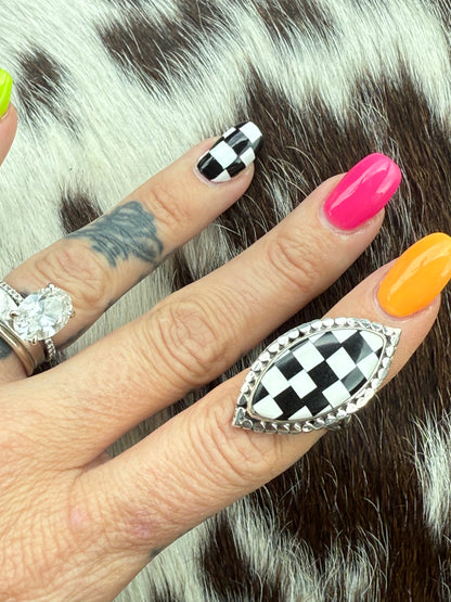 Sterling Silver Black and White Checkered Ring