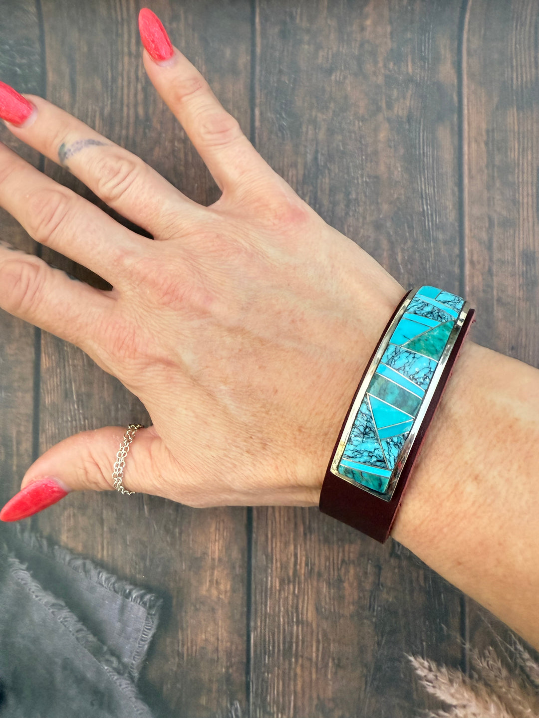 Navajo Turquoise Inlay Leather Cuff Bracelet – Handmade Sterling & Leather – Adjustable Snap Fit – Edison Yazzie