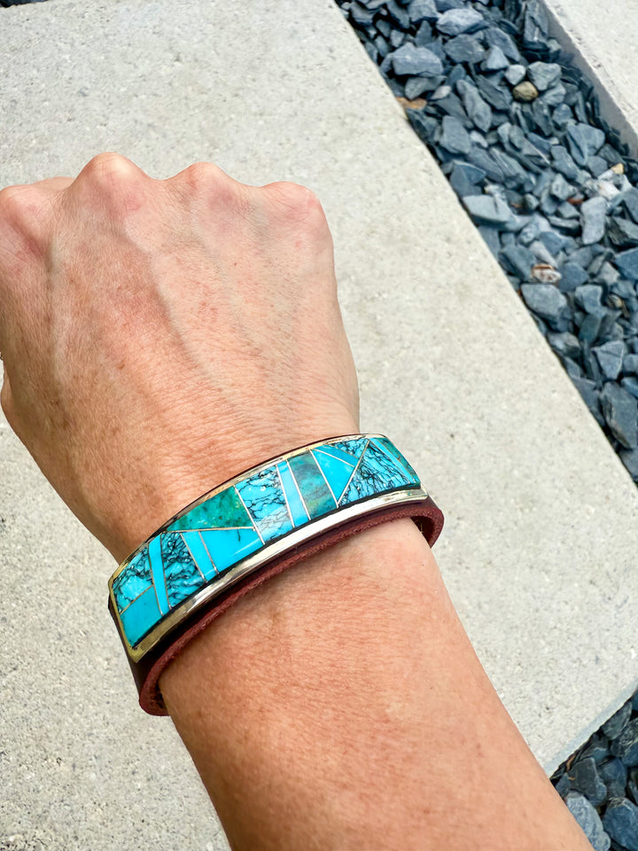Navajo Turquoise Inlay Leather Cuff Bracelet – Handmade Sterling & Leather – Adjustable Snap Fit – Edison Yazzie