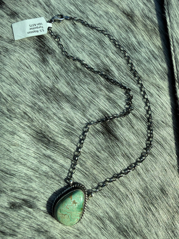 Navajo Royston Turquoise Pendant Necklace – Sterling Silver Handmade Chain – 16” – Signed Donovan Skeet