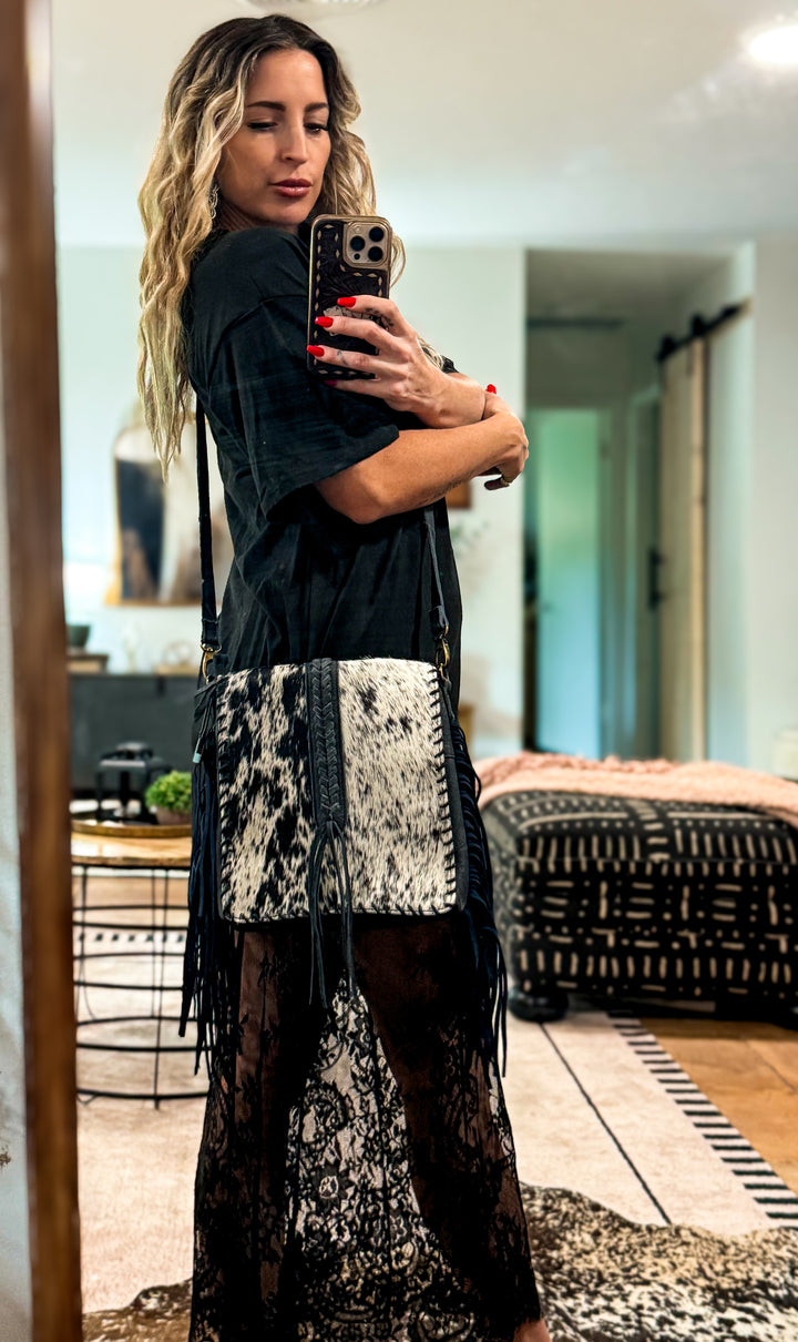 Genuine Leather Concealed Carry Crossbody Purse | Hair-on Cowhide Fringe Bag | Right Hand Draw