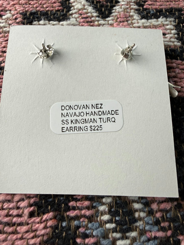 Kingman Turquoise Sterling Silver Blossom Earringa - Navajo Handmade by Donovan Nez