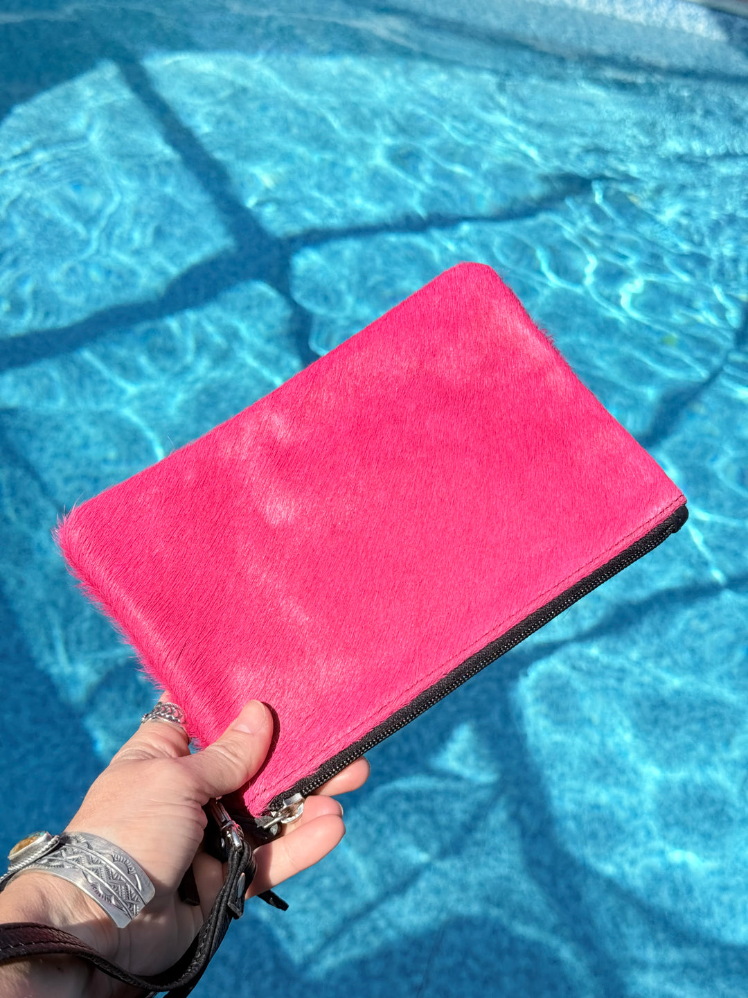 Hot Pink Cowhide Tooled Leather Wristlet