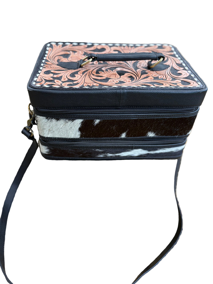 The Double Decker in Black | Large Black and White Cowhide and Tooled Leather Jewelry Case