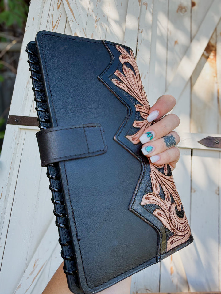 Business in Boots Oversized Black and White Cowhide Wallet | Western Tooled Leather Checkbook Wallet