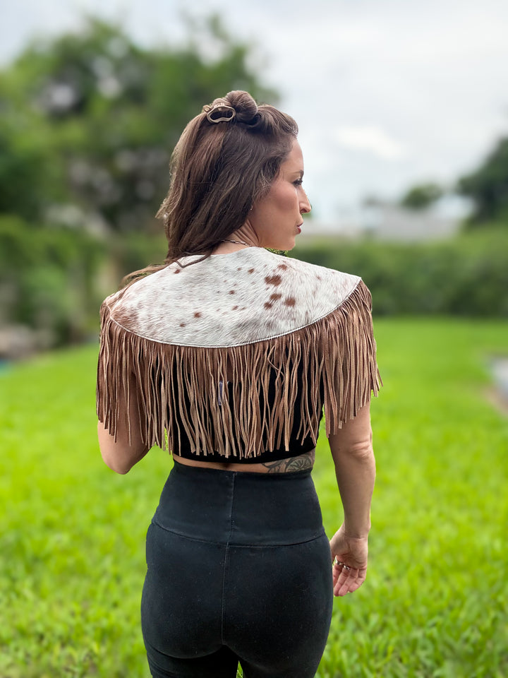 South Meets West Cowhide Fringe Capelet | Hair-On Cowhide Leather Western Shawl