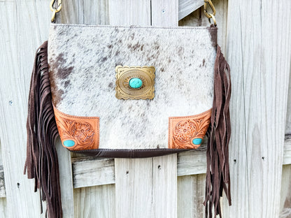 The Concho Carryall: Hair-On Cowhide & Tooled Leather Crossbody Purse