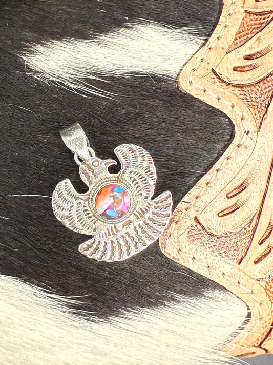 Thunderbird Spiny Oyster Cotton Candy Turquoise & Sterling Silver Southwestern Designer Pendant