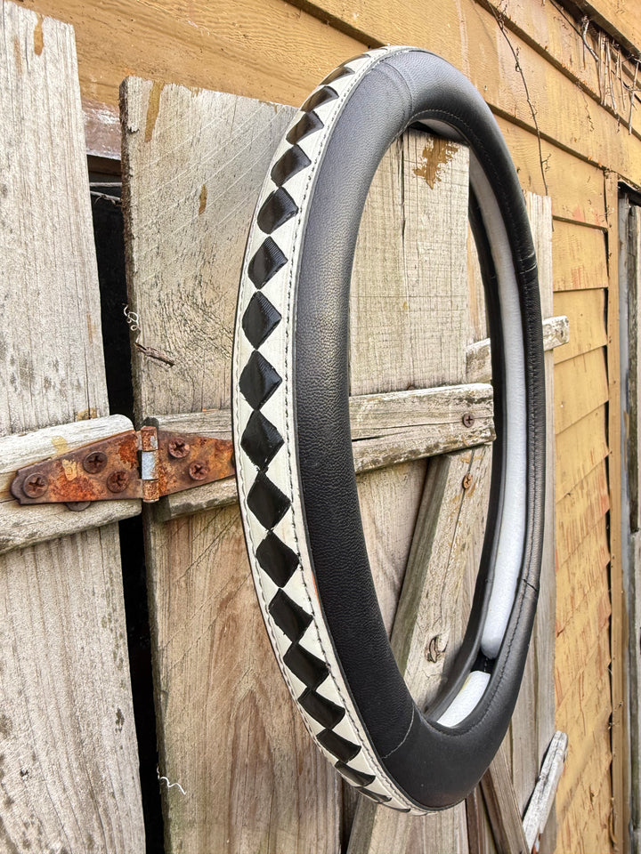 Western Tooled Leathe Steering Wheel Cover Black and White Diamond Check