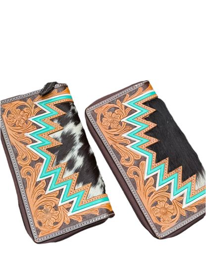 Retro Range Wallet : Tooled Leather and Cowhide Zipper Wallet