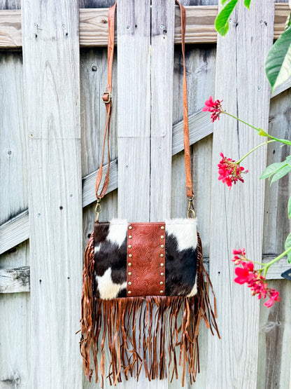 Hey Stud: Hair on Cowhide Leather Studed Fringe Crossbody Purse