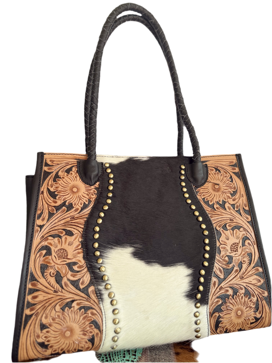 Family Tradition : in Black Leather - Tooled Leather & Cowhide Concealed Carry Tote