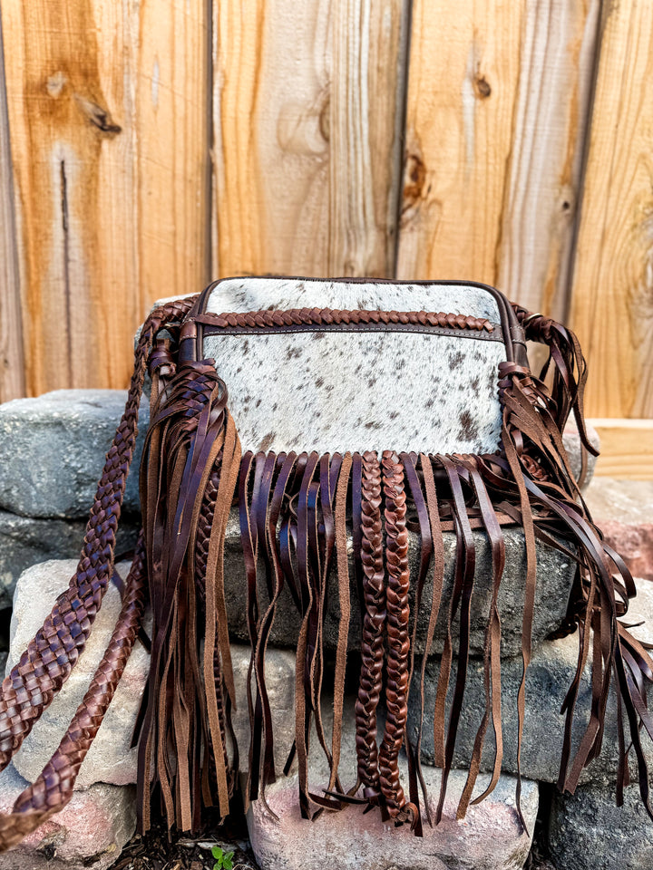 Donna Jean cowhide fringe braided leather crossbody bag In brown leather 
