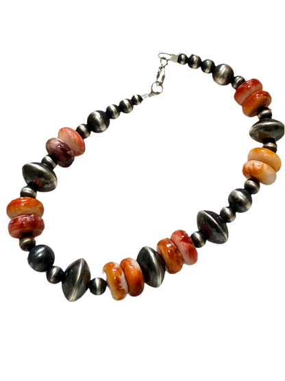 7” Machine made Sterling Silver bead & Spiny Oyster Bracelet, Navajo strung “Navajo Pearl Bracelet”
