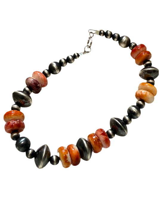 7” Machine made Sterling Silver bead & Spiny Oyster Bracelet, Navajo strung “Navajo Pearl Bracelet”