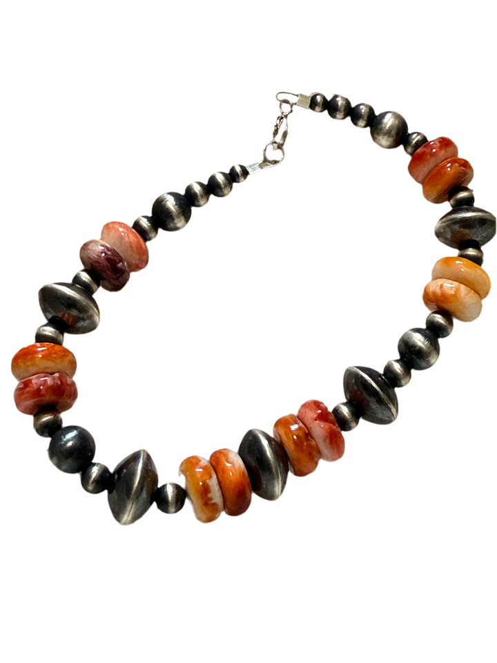 7” Machine made Sterling Silver bead & Spiny Oyster Bracelet, Navajo strung “Navajo Pearl Bracelet”
