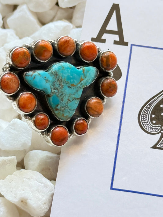 The Cattle Boss - Turquoise and Orange Mojave Southwestern 925 Adjustable Ring