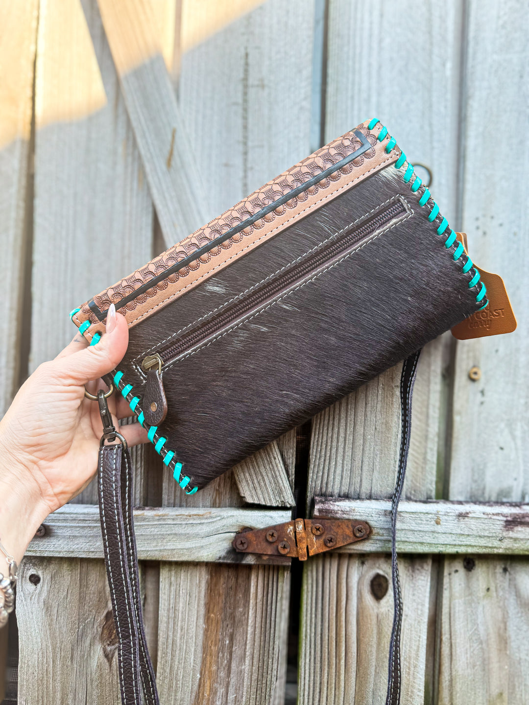 Down For Whatever | Tooled Basketweave Leather and Cowhide Day to Night Crossbody Clutch
