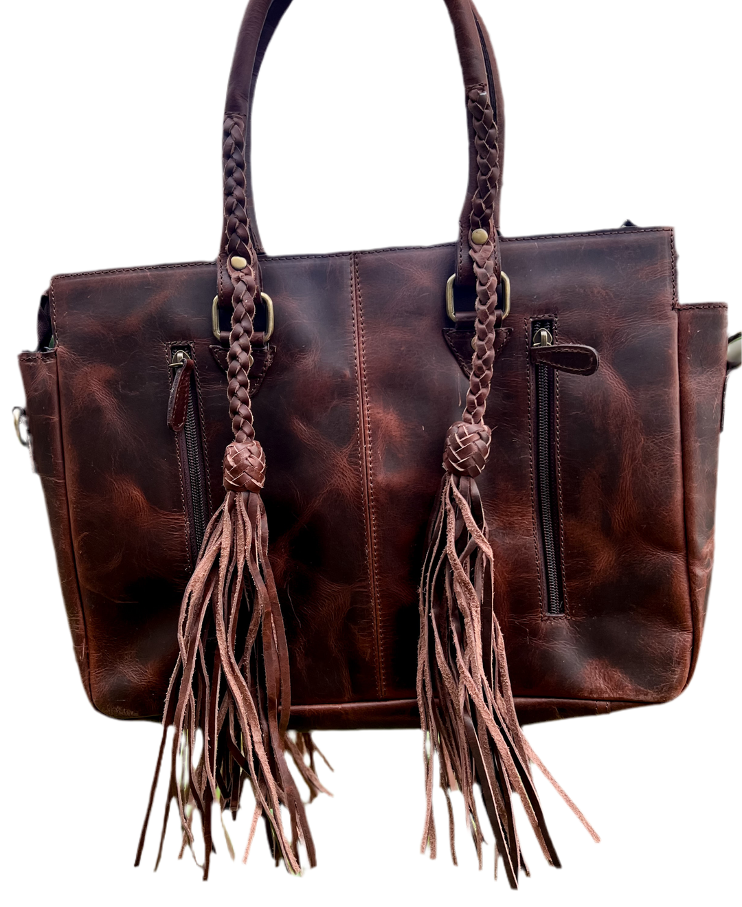 Get to Work Bag | Cowboy brown Concealed Carry Leather and Cowhide braided fringe tote