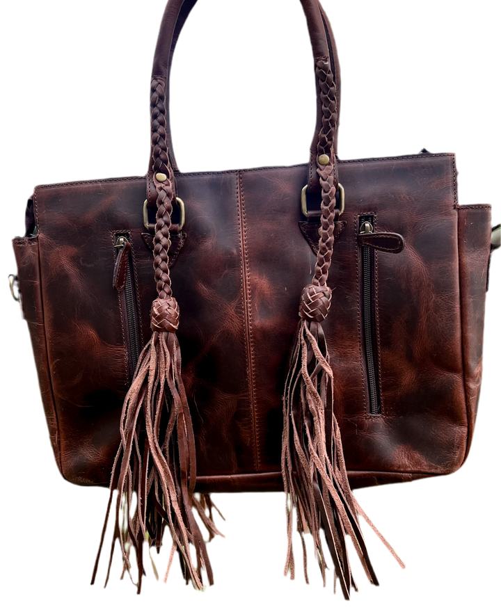 Get to Work Bag | Cowboy brown Concealed Carry Leather and Cowhide braided fringe tote