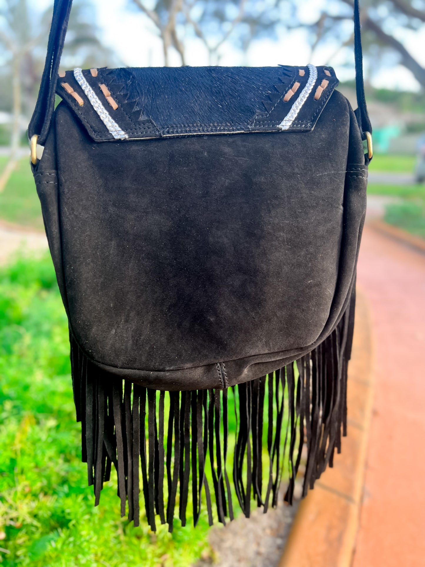 Suede fringed and stitched satchel in black