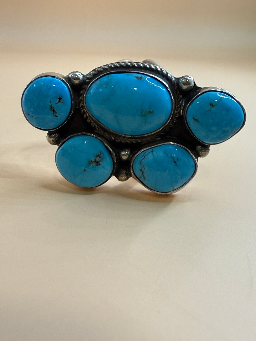 Navajo Handmade Kingman Turquoise Half Cluster Ring | Rita Dawes | Sterling Silver | Size 8