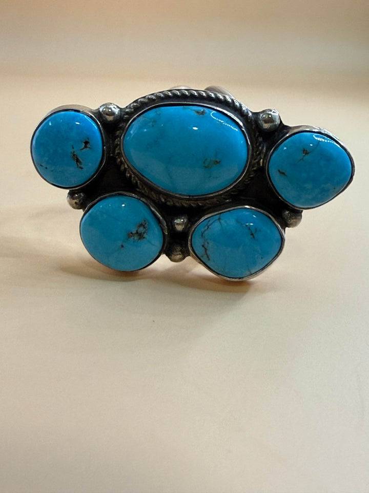 Navajo Handmade Kingman Turquoise Half Cluster Ring | Rita Dawes | Sterling Silver | Size 8