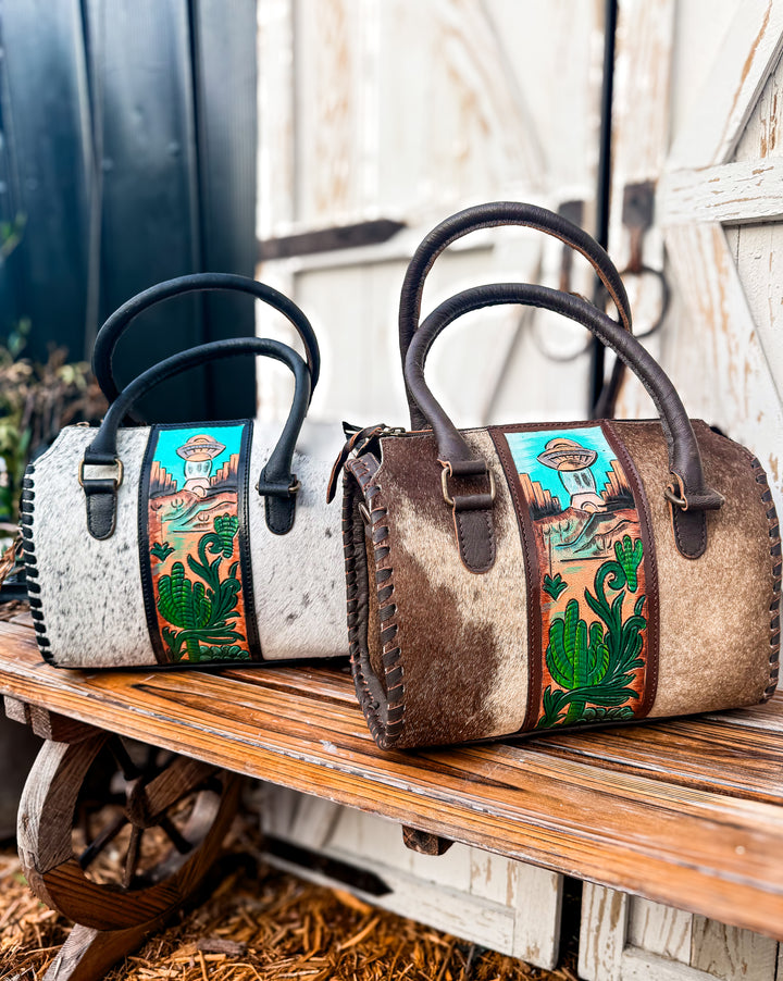 Hand-painted western leather cowhide Speedy satchel with desert artwork and cactus design