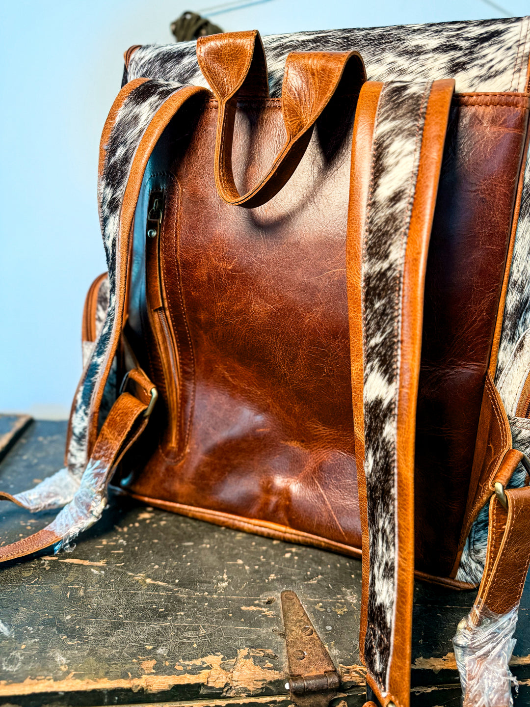 The Bubba Bag: Hair on Cowhide Full Grain Leather All Adventures Backpack in Black White Grey Speckled Hide