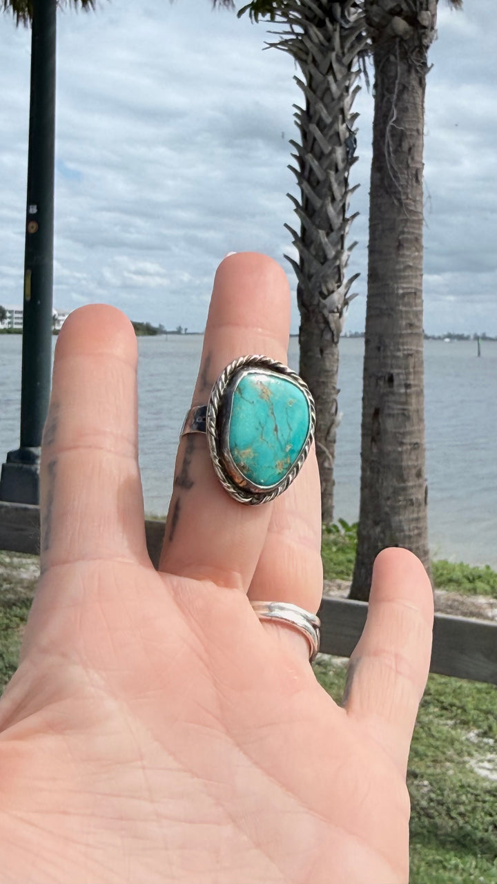 Vintage Native American Turquoise Sterling Silver Ring | Signed LH | Size 7