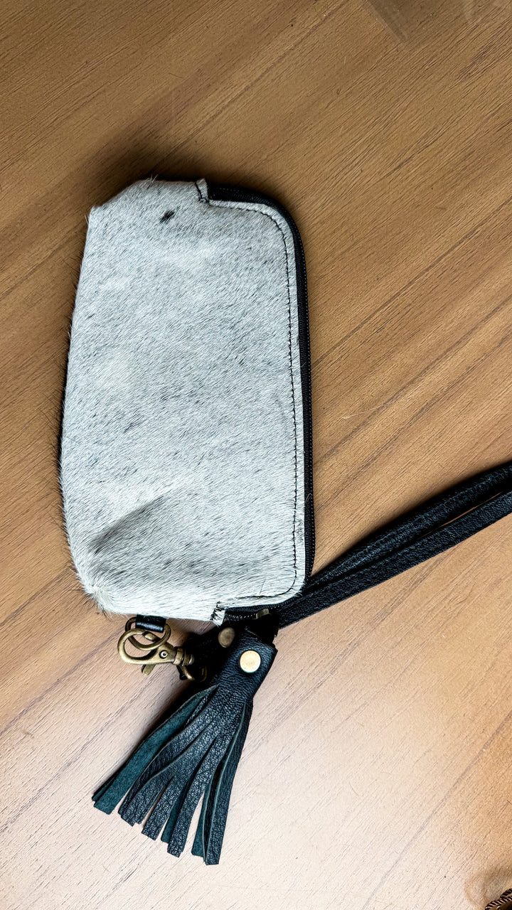 Genuine Cowhide Wristlet Pouch | Hair-On Hide Organizer with Tassel & Wrist Strap