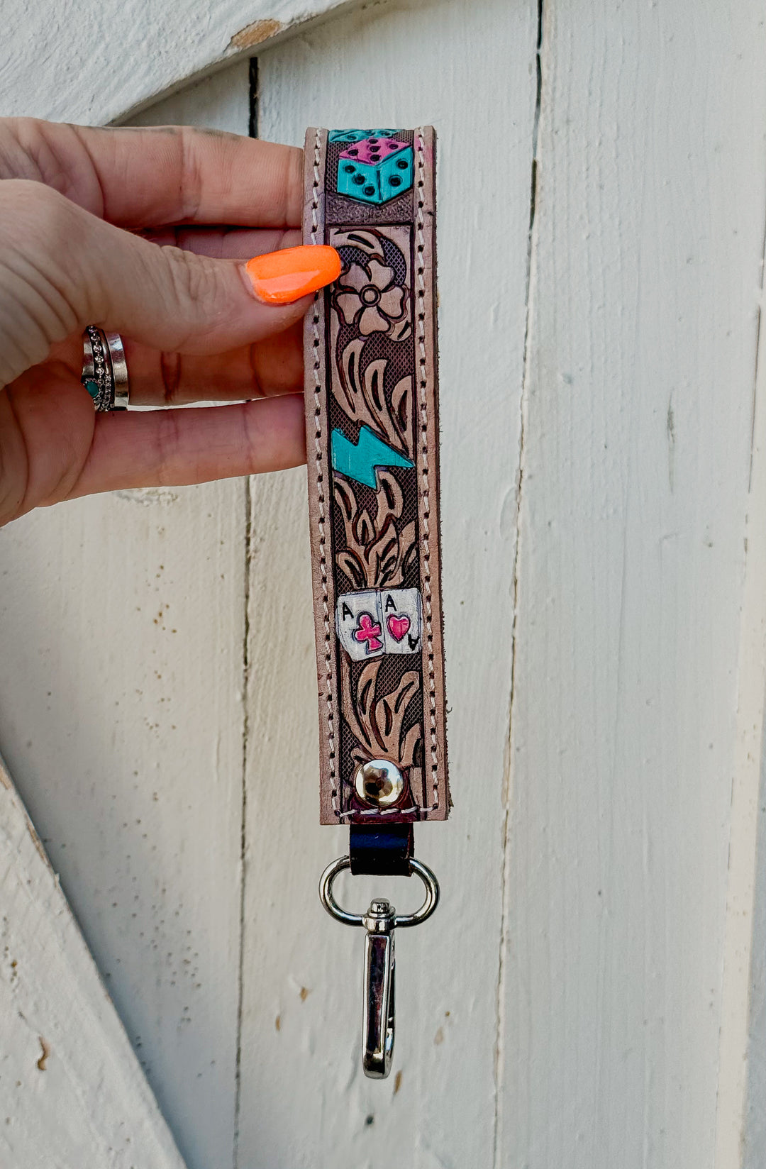 Punchy Hand Tooled and Hand Painted Leather Key Chain Wristlet
