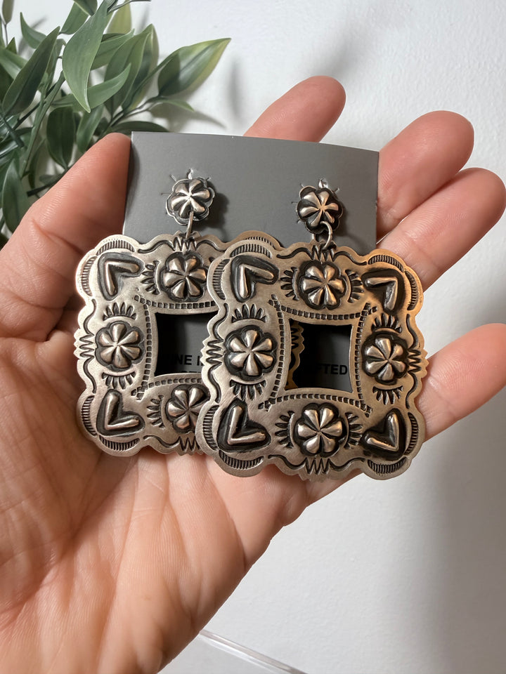 Leander Tahe Navajo Sterling Silver Repoussé Statement Earrings