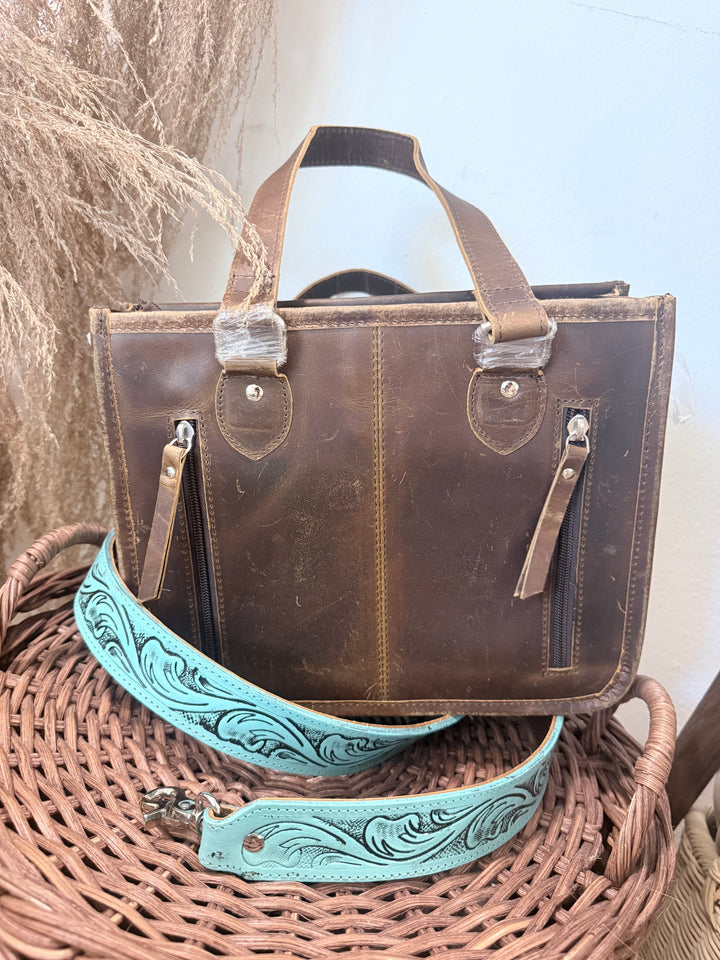 The Little Boss | Turquoise Tooled Cowhide Mini Carry Bag
