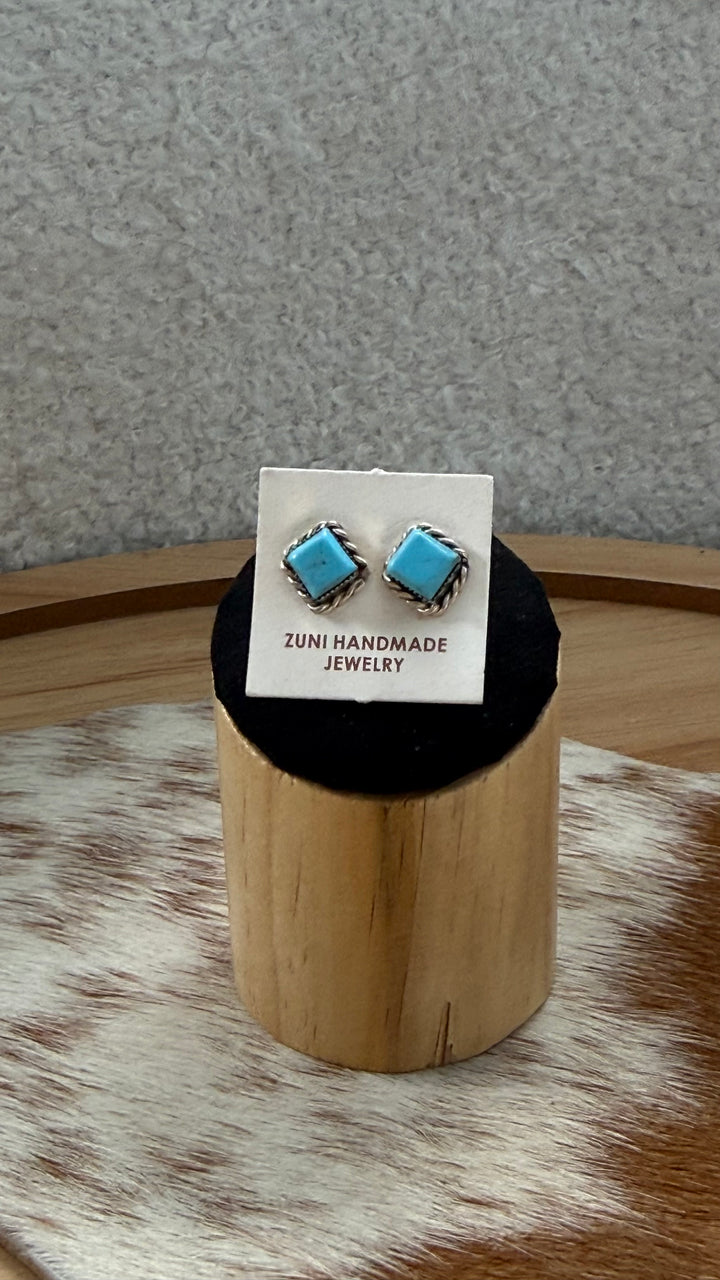 Zuni Handmade Kingman Turquoise Stud Earrings | 8mm Sterling Silver Turquoise Studs | Native American Jewelry