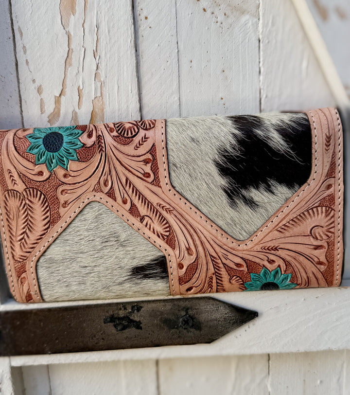 Turquoise Bloom Cowhide Wallet | Tooled Leather Western Wallet
