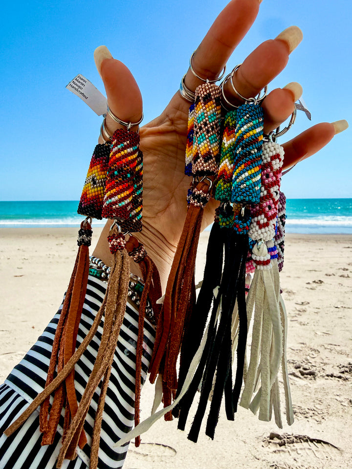 Handmade Navajo Beaded Keychain | Western Bag Charm w/ Leather Fringe