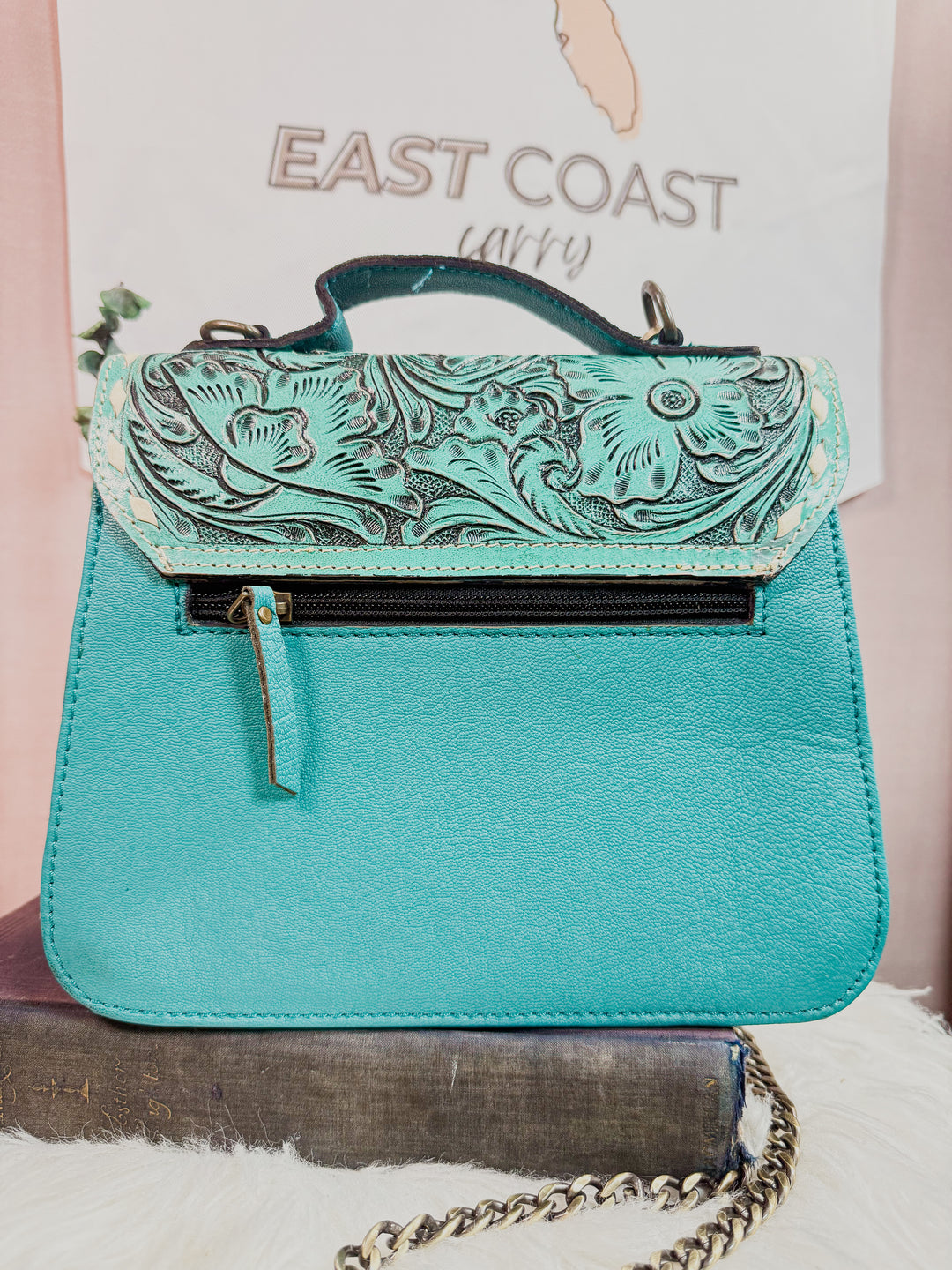 Coastal Hide | Tooled Turquoise Leather + Cowhide Chain Satchel