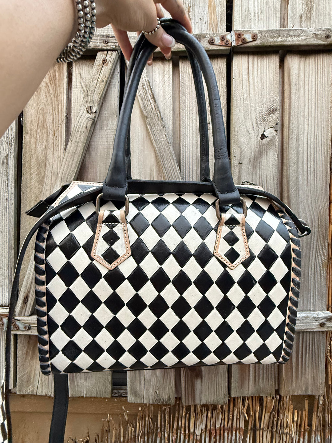 The Speed Check | Handmade Leather Checkered Bowler Bag 3 Sizes Genuine Leather Black White Checkered Tooled Design Structured Satchel